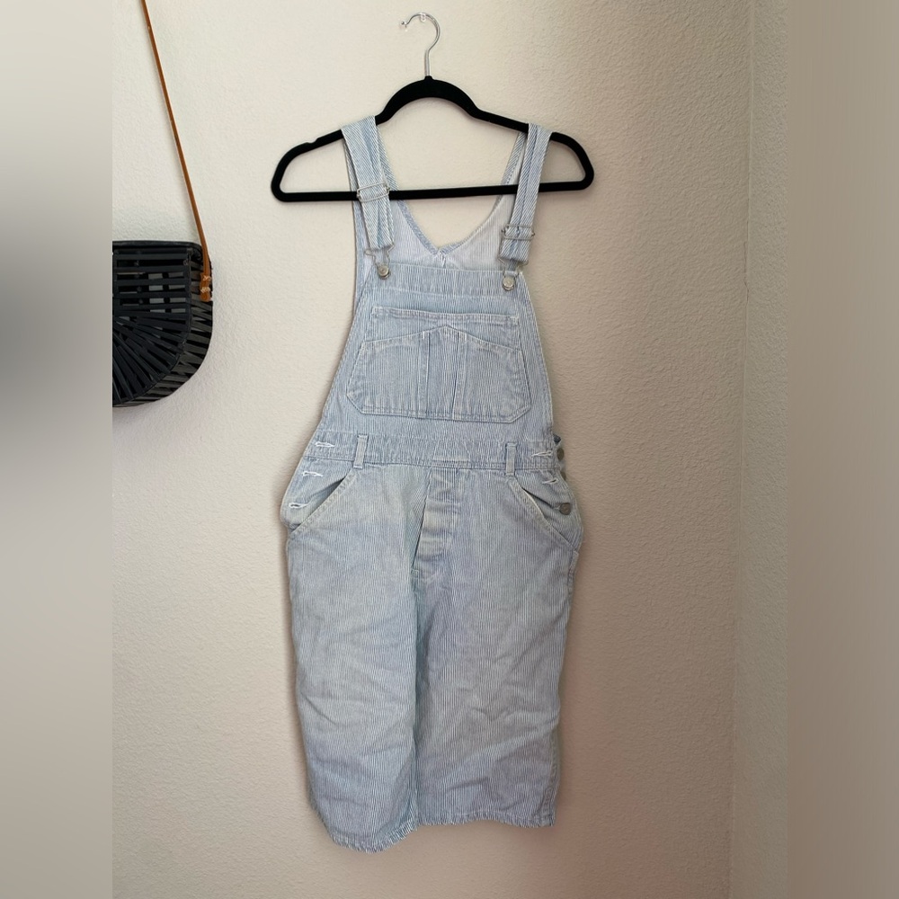 Vanilla Spice Blue Stripe Mid Length Overalls, Size 7/8